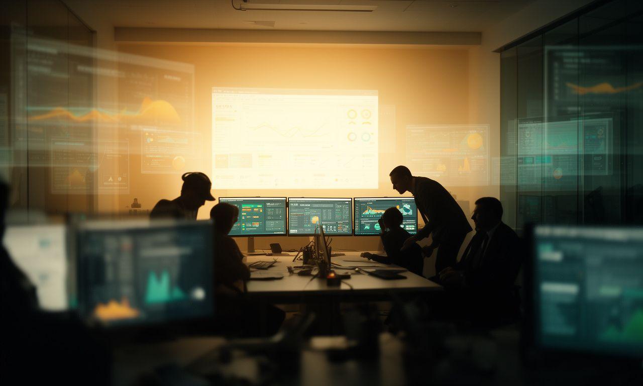 Business analysts reviewing live performance dashboards in a modern operations room with layered screens and calm lighting